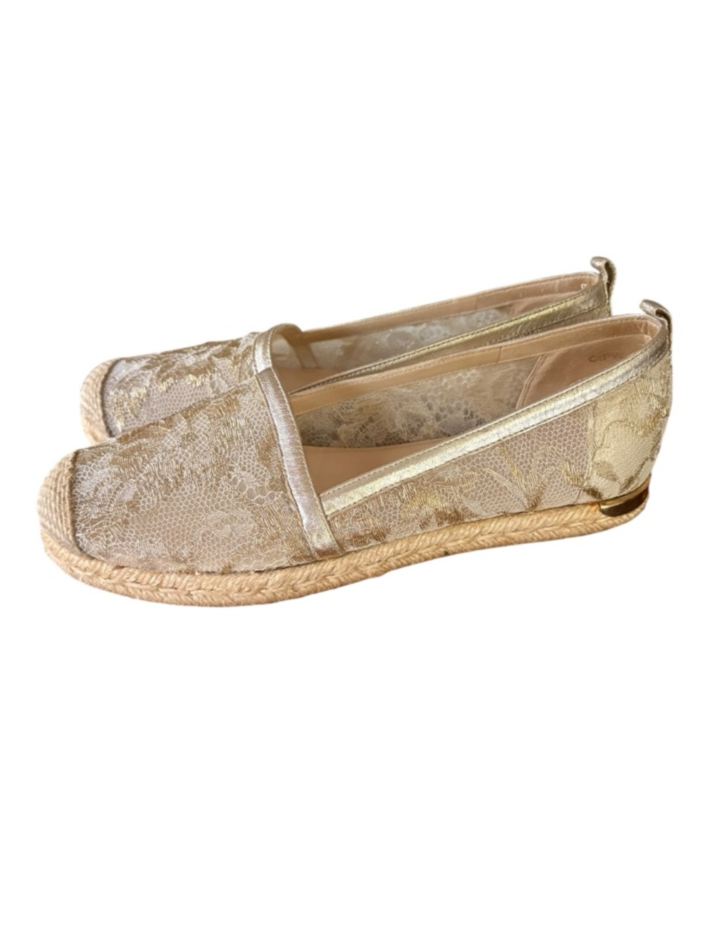 Stuart Weitzman Biarritz Espadrille Gold Lace Sheer Metallic Flats Sz 6.5
